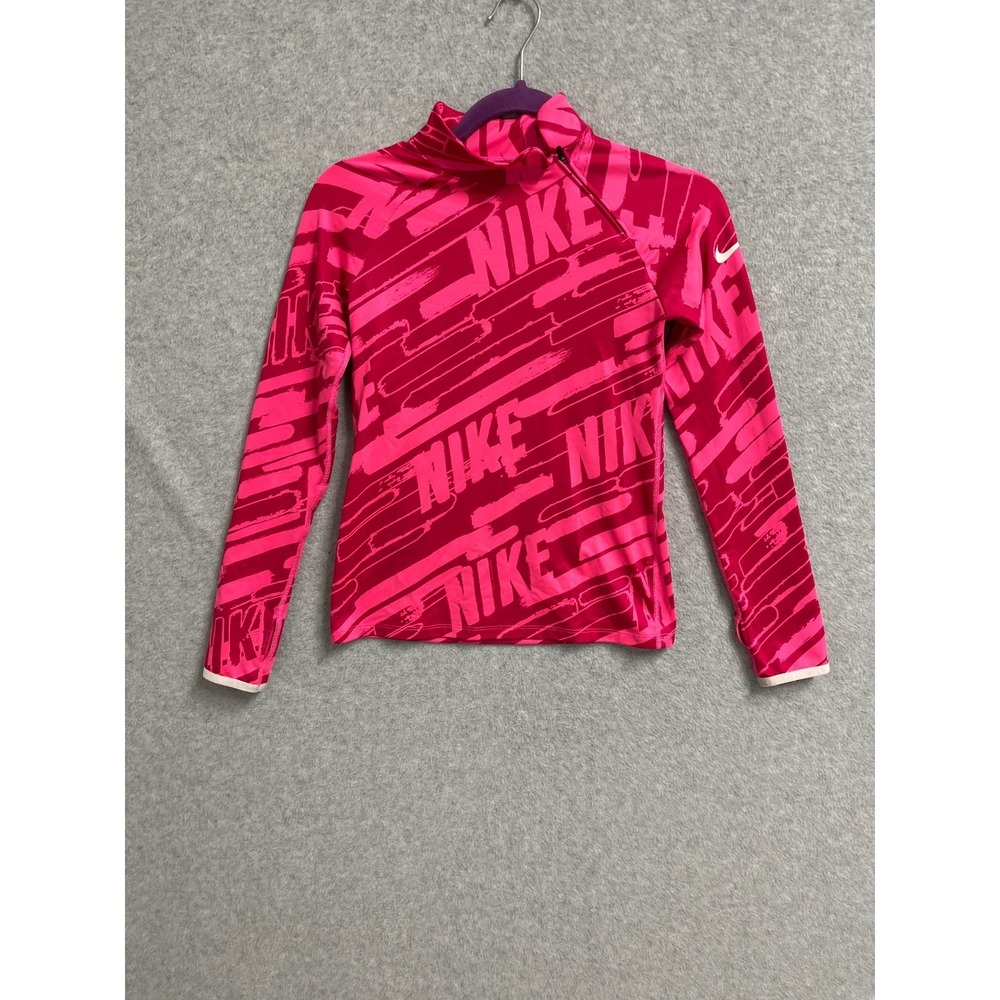 Nike Pro Sweatshirt Girls Medium Pink Allover Logo Print Fleece Lined Stretch‎